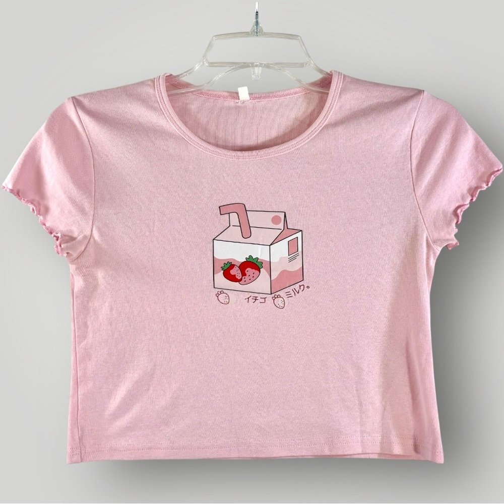 Unbranded Cropped T-shirt Pink Kawaii Strawberry Milk Graphic Size S